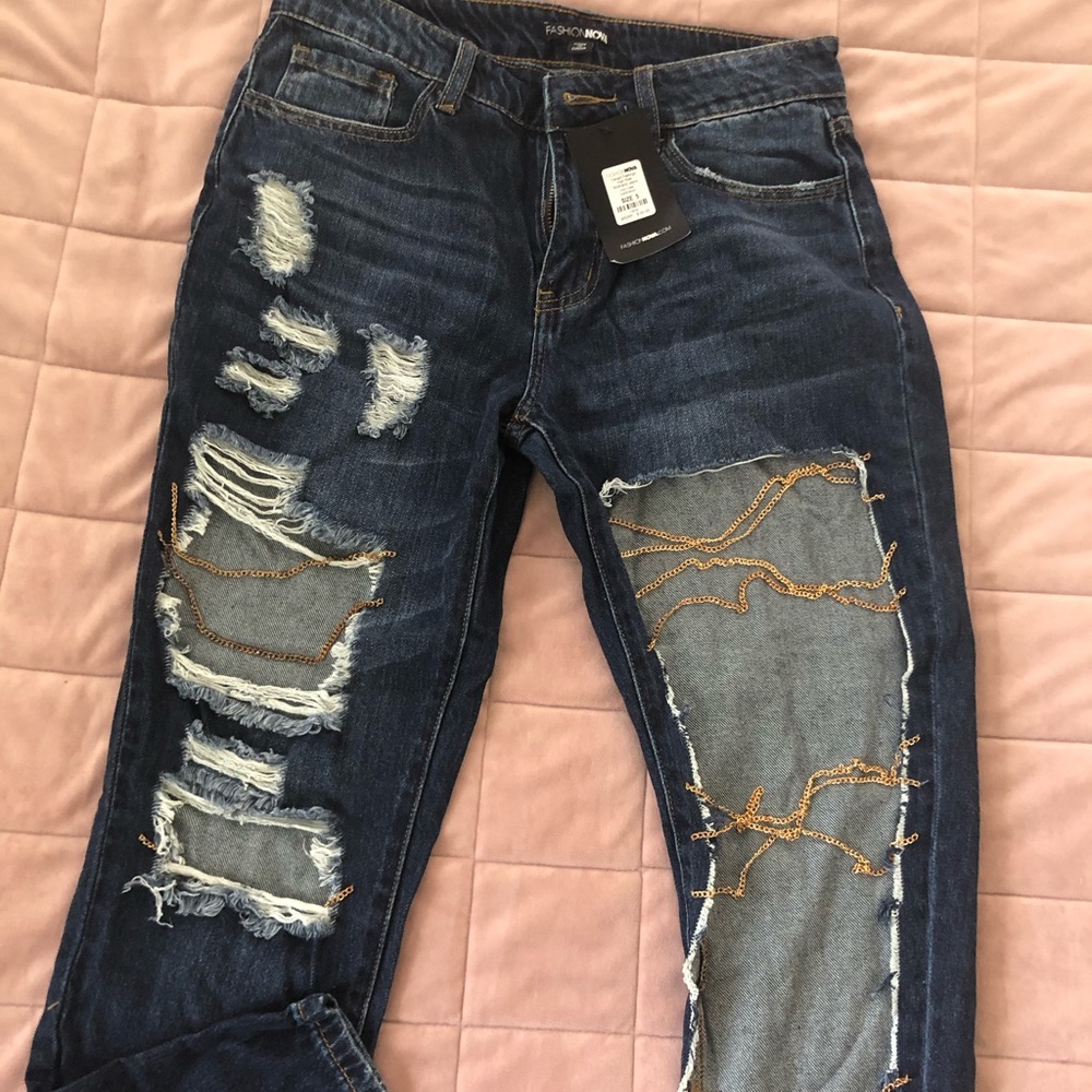 Denim cut out chain jeans